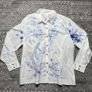 Chico's Button Up Shirt Blue White Floral Beach Hawaiian Blouse Top 3 XL/16 NWOT
